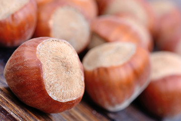 Closeup of hazelnuts on table