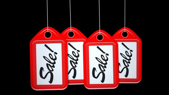 A motion background plate of a row of swinging sale red tags. With alpha channel.	 	