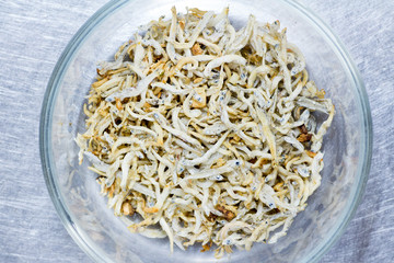 Japanese cuisine, boiled and dired young sardines