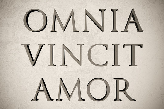 Latin quote "Omnia vincit amor" on stone background, 3d illustration - meaning "Love conquers all"