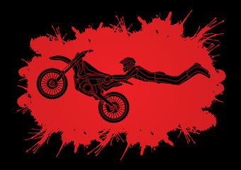Freestyle Motocross flying trick designed on splatter blood background graphic vector