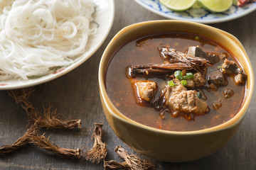 Rice noodles with spicy pork sauce (Nam ngiao), A food of Northern of Thailand.