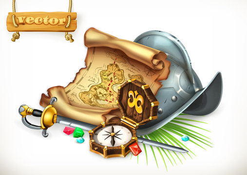 Old treasure map and conquistador helmet. Adventure 3d vector illustration