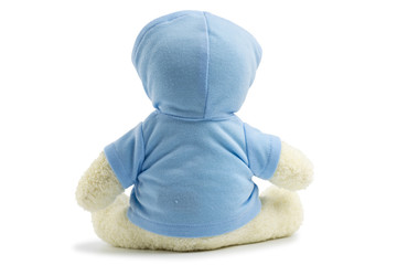 White toy teddy bear wearing a blue shirts and hat. Rear of White teddy Bear toys isolated on white background