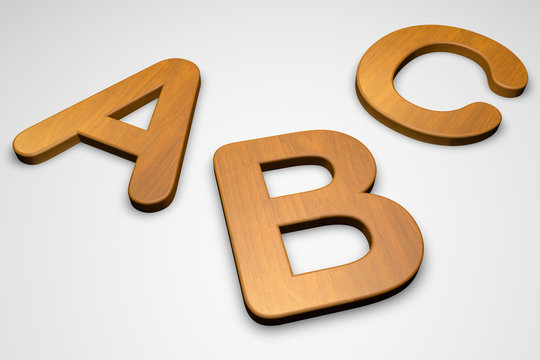 Wooden abc letters isolated on white background, 3d illustration