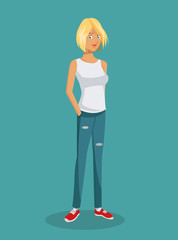 girl blonde teen white shirt jeans red tennis vector illustration eps 10