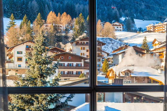 Fototapeta window on mountain village