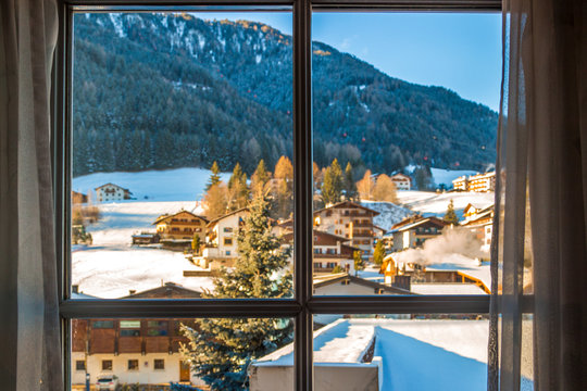 Fototapeta window on mountain village