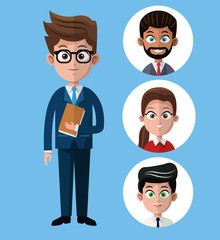 cartoon business man holds folder group people vector illustration eps 10