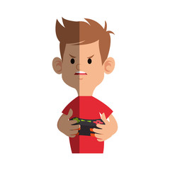 boy cartoon playing videogames over white background. colorful design. vector illustration