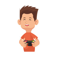 boy cartoon playing videogames over white background. colorful design. vector illustration