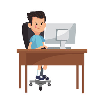 boy cartoon playing on the computer over white background. colorful design. vector illustration