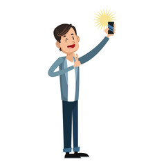 young man cartoon using a smartphone over white background. colorful design. vector illustration