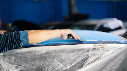 Automobile service - manual labor - polishes car, extremely close up