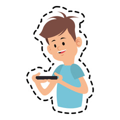 sticker of boy cartoon playing videogames over white background. colorful design. vector illustration