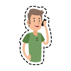 sticker of young man cartoon using a smartphone over white background. colorful design. vector illustration
