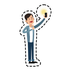 sticker of young man cartoon using a smartphone over white background. colorful design. vector illustration