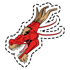 sticker of red dragon cartoon icon over white background. colorful design. vector illustration