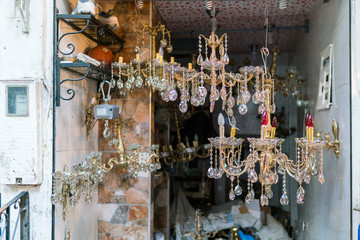 Background from shaining moroccan metal lamps in the shop in medina of fes, Morocco
