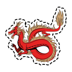 sticker of red dragon cartoon icon over white background. colorful design. vector illustration