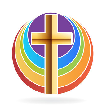 Gold cross and rainbow logo