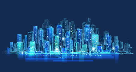 Plakat City skyline panorama at night, hand drawn cityscape, vector drawing architecture illustration