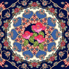 Bouquet of roses on flower - mandala. Beautiful seamless pattern in russian style.