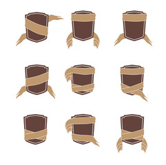 Set of shield with banner with copy space for your text. Outline and fill colors can be changed easily.