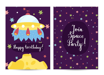 Happy birthday cartoon greeting card on space theme. Flying alien spaceship and moon among dolorous stars vector illustration on violet background. Bright invitation on childrens costumed party