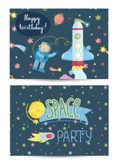 Happy birthday cartoon greeting card on space theme. Rocker with astronauts flying in cosmos among stars and planets, comet, text collage vector illustrations. Invitation on childrens costumed party