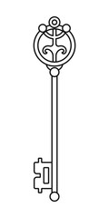 Vintage antique key, contoured silhouette isolated on white background.
