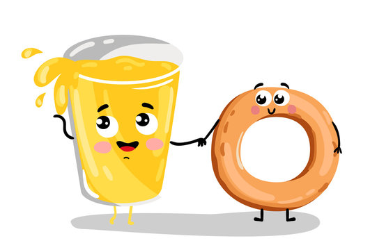 Cute Bagel And Lemonade Glass Cartoon Character Isolated On White Background Vector Illustration Funny Fast Food Menu Bakery Pastry Emoticon Face Icon Happy Smile Cartoon Face Comical Bagel Drink Stock Vector