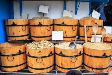 Asian spicies and nuts in sacks