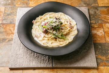 Spaghetti alla Carbonara on table