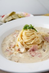 Spaghetti alla Carbonara on table