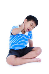 Asian handsome boy have a neck pain. Isolated on white background