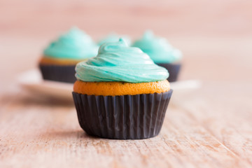 Mint cupcakes closeup. The background is blurred