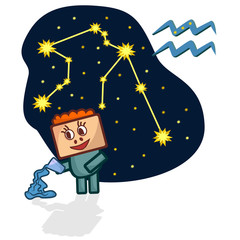 Naklejka premium Cartoon Zodiac signs. Vector illustration of the Aquarius with a rectangular face. A schematic arrangement of stars in the constellation Aquarius