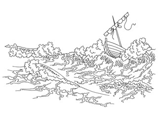 Storm sea boat graphic black white sketch illustration vector