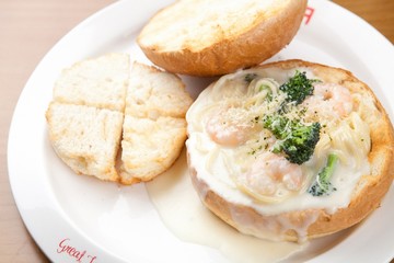 Pasta with Cream Sauce in Bread 