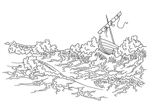 Storm sea boat graphic black white sketch illustration vector