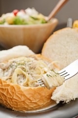 Pasta with Cream Sauce in Bread 