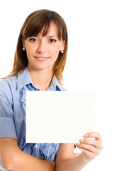 Fototapeta premium businesswoman showing signboard with copyspace