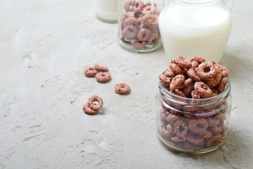  Chocolate cereal with milk. Fitness food.