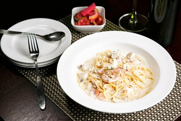 shrimp cream pasta on dish