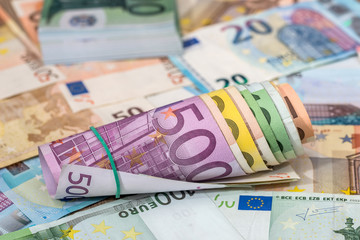 background of lots mixed euro bills.