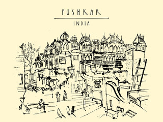 Pushkar, Rajasthan, India. Old historic building. Vintage artistic drawing. Travel sketch. Touristic poster, postcard. Calendar or book illustration idea