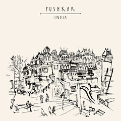 Obraz premium Pushkar, Rajasthan, India. Old historic building. Vintage artistic drawing. Travel sketch. Touristic poster, postcard. Calendar or book illustration idea