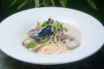 seafood cream pasta on plate