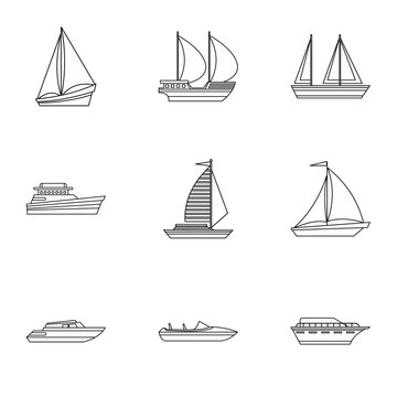 Ship icons set, outline style
